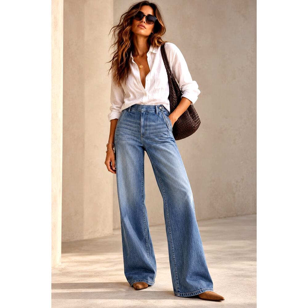 UpWest Wide Leg Jeans L Side Button Zip High Rise
